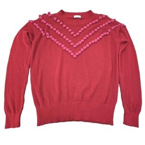 Sugar Lips Sweater Womens Large Red Pink Pom Pom Pullover Textured Knit Crewneck